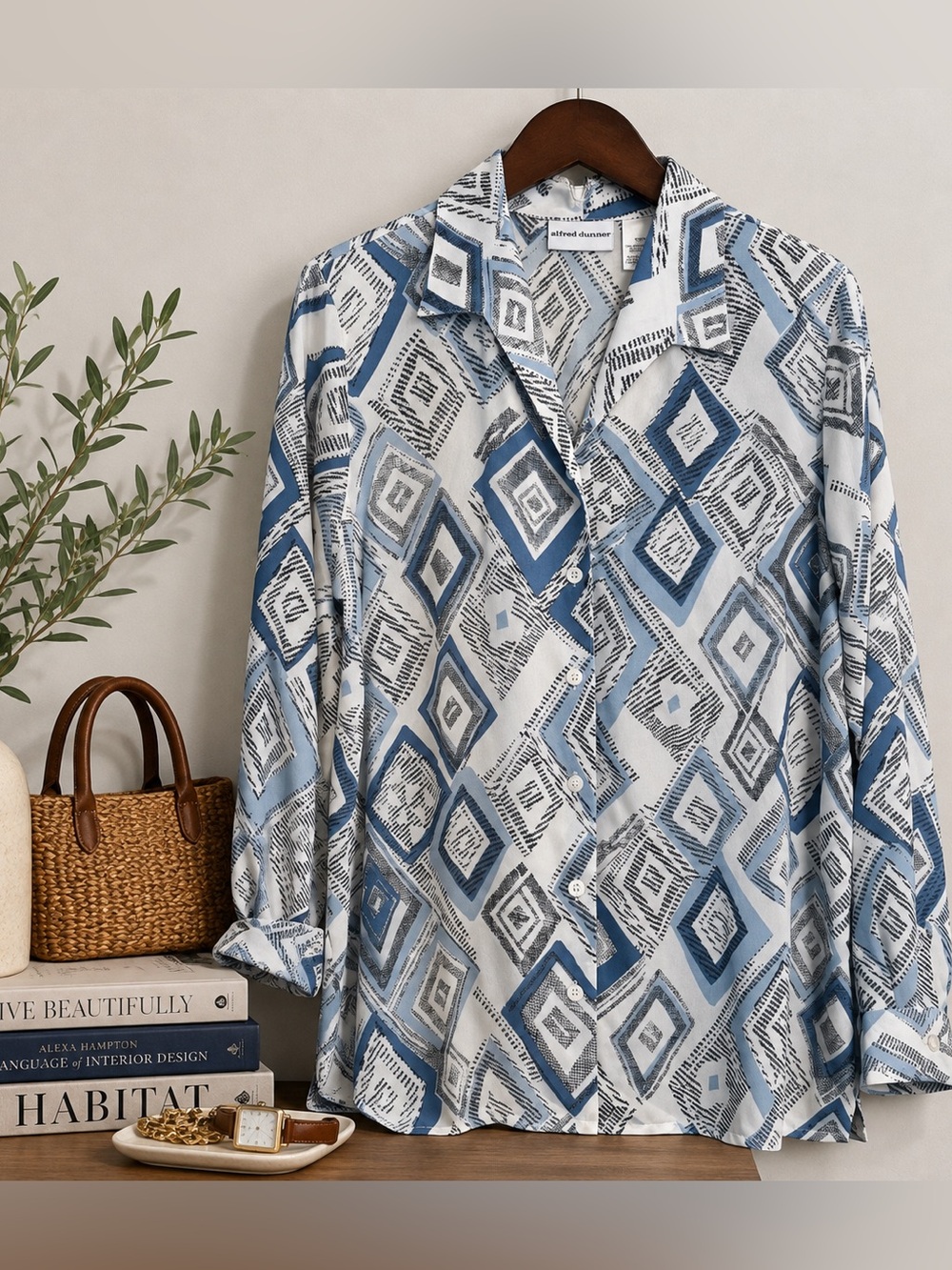 Vintage 90s Geometric Print Blouse Oversized Eclectic Preppy Alfred Dunner L